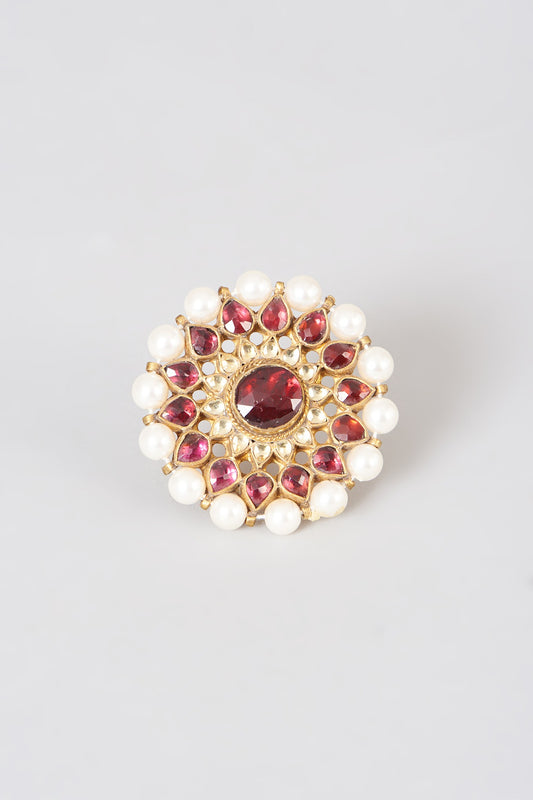 Gold Finish Pearl & Red Kundan Polki Ring