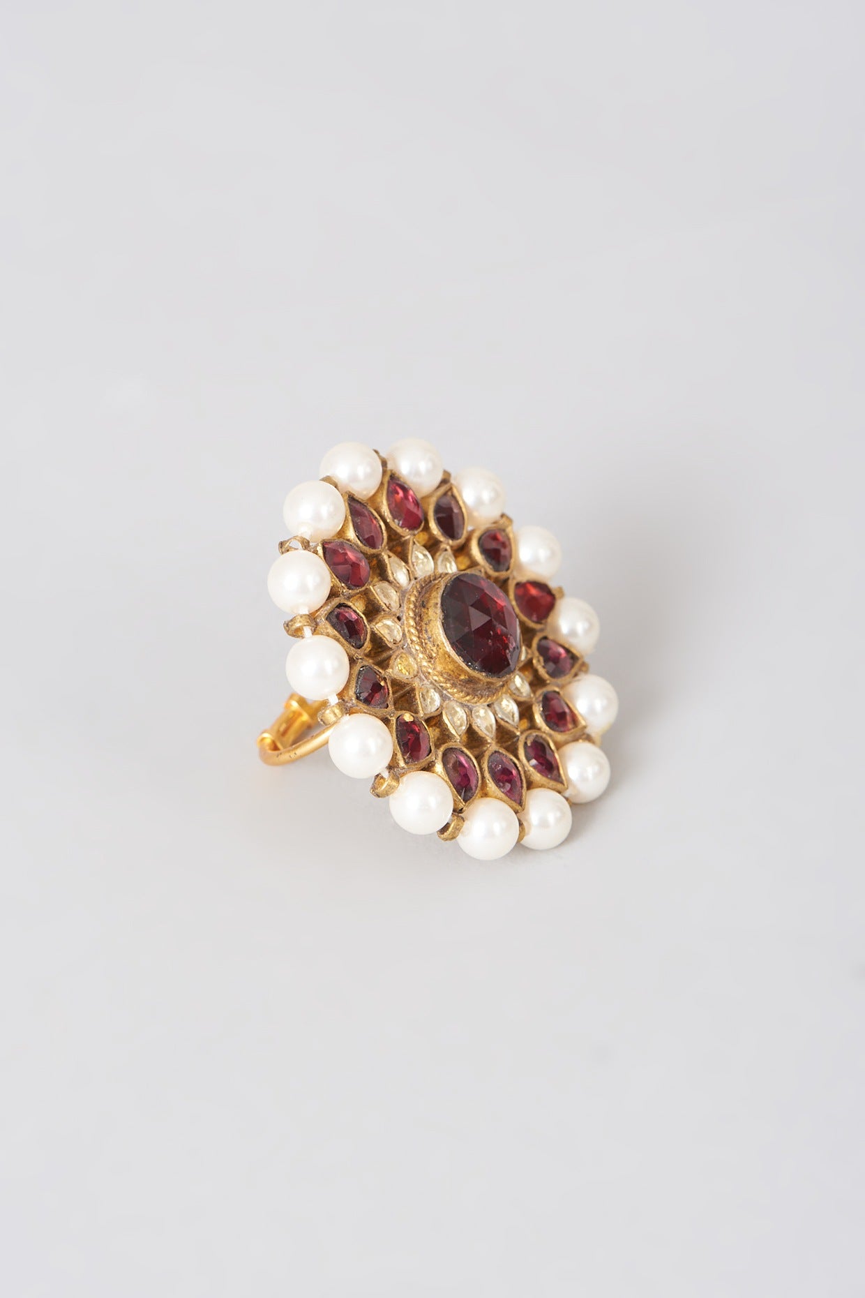 Gold Finish Pearl & Red Kundan Polki Ring