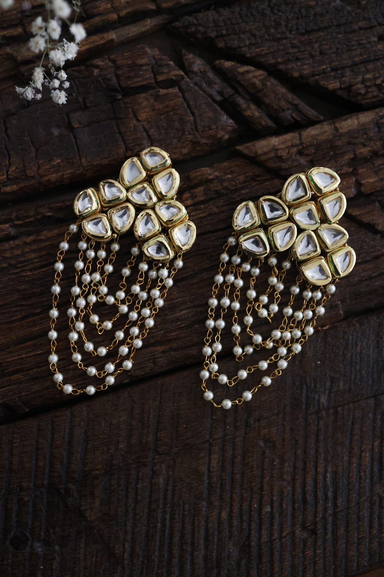 Gold Finish Kundan Polki & Pearl Dangler Earrings