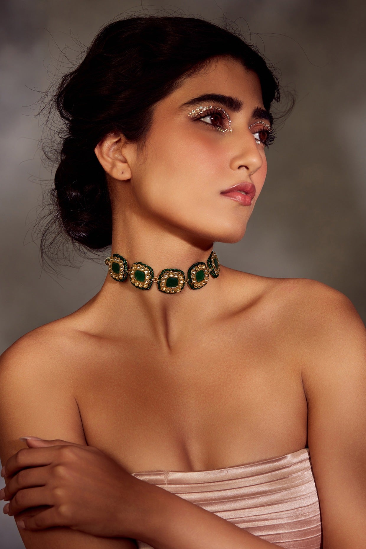 Gold Finish Green Kundan Polki Choker Necklace