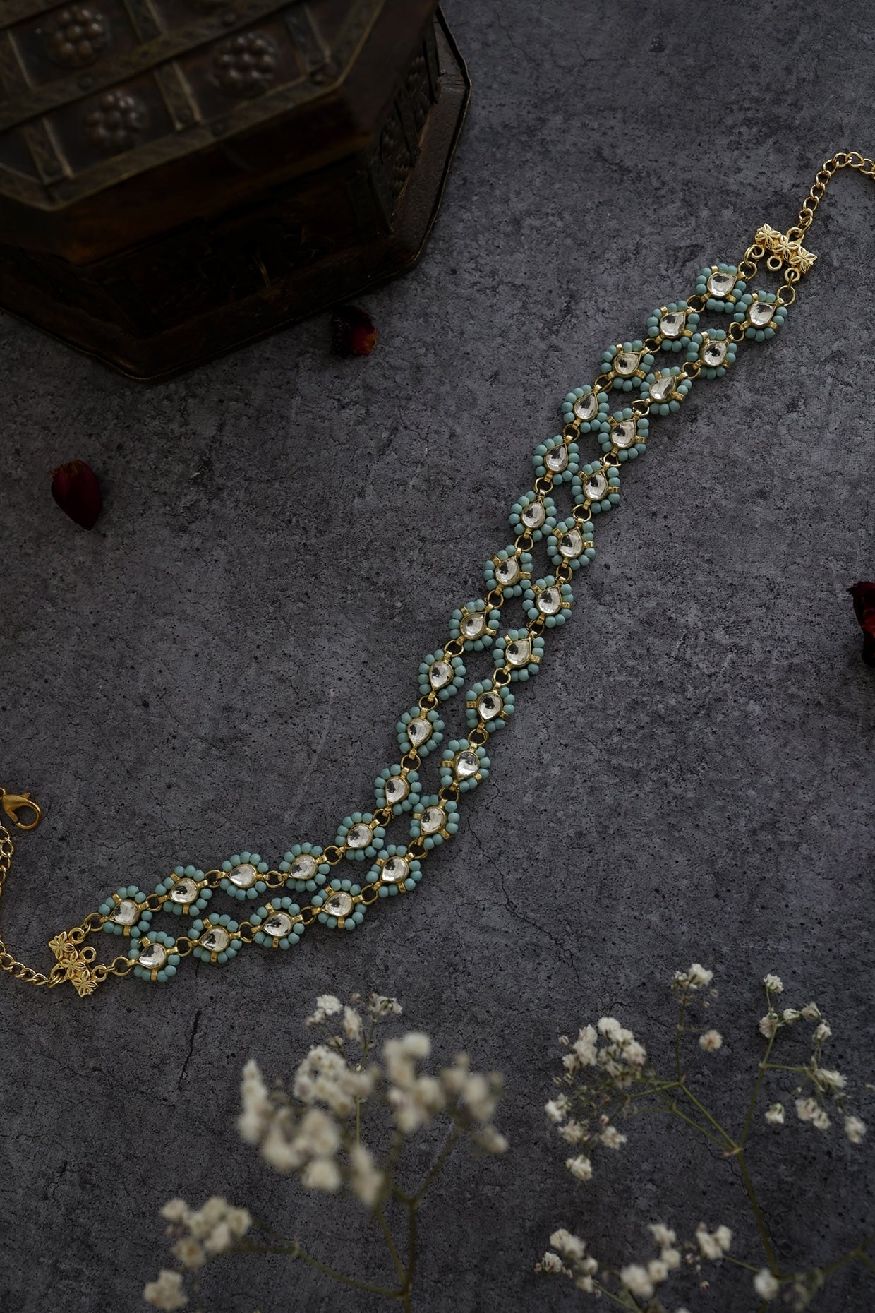 Gold Finish Kundan Polki & Turquoise Stone Choker Necklace