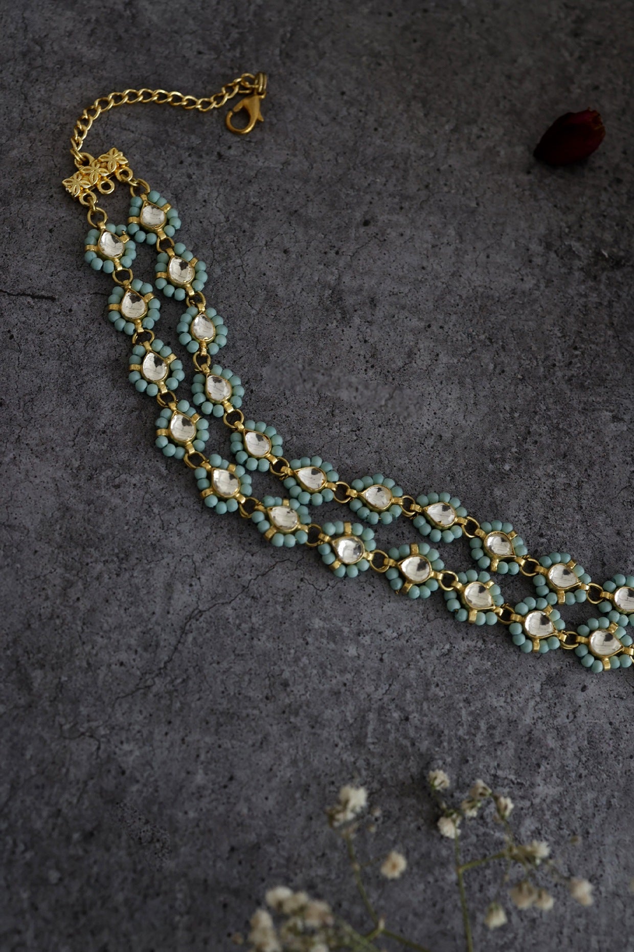 Gold Finish Kundan Polki & Turquoise Stone Choker Necklace