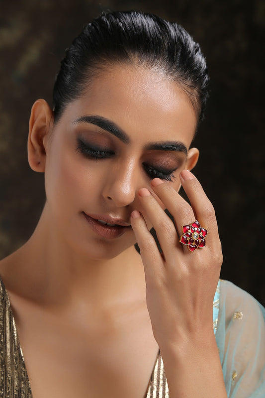 Gold Finish Kundan & Ruby Ring