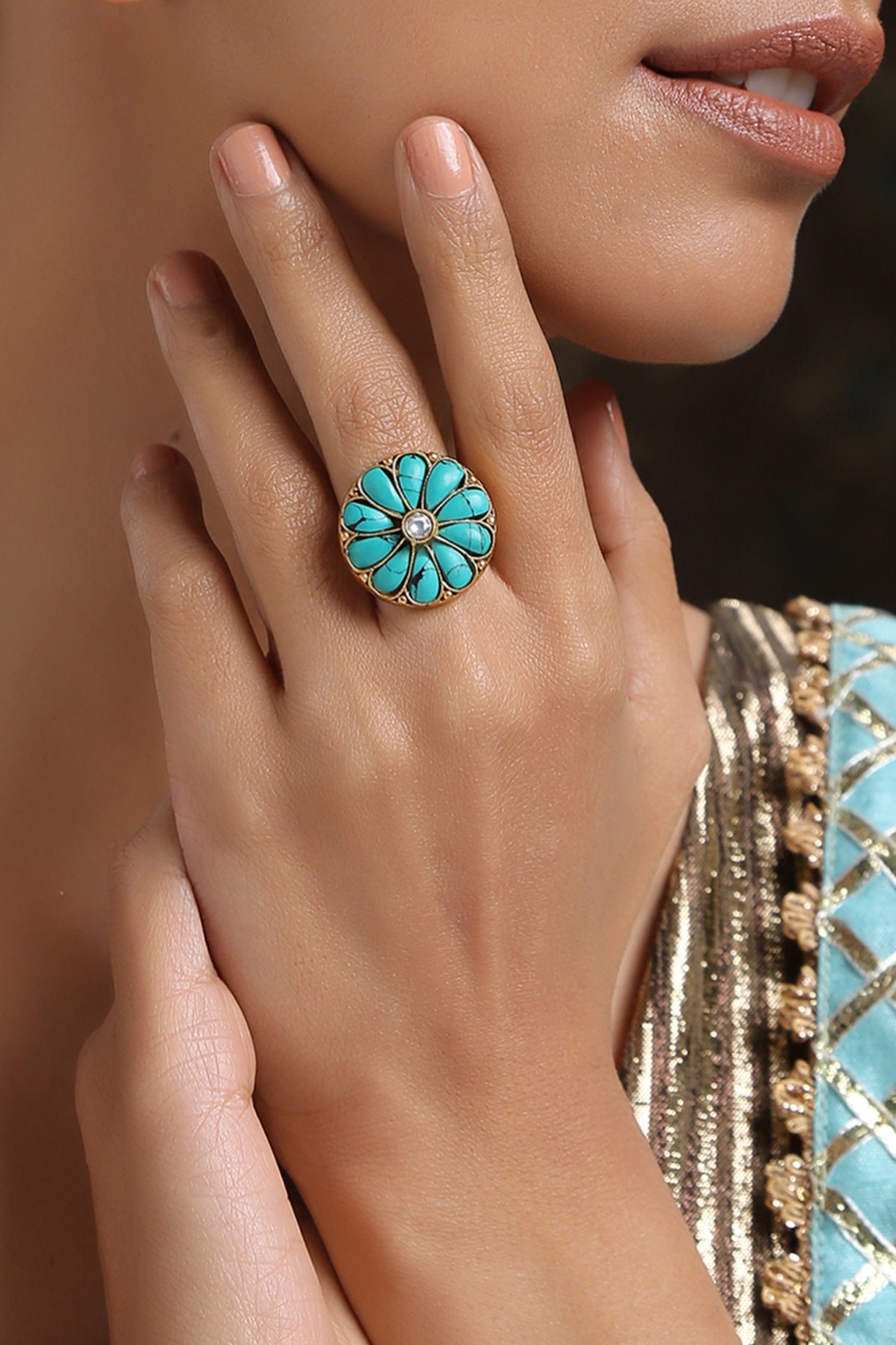 Gold Finish Turquoise Stones Ring