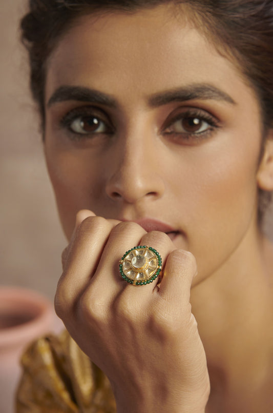 Gold Finish Green Kundan Polki Ring In Sterling Silver