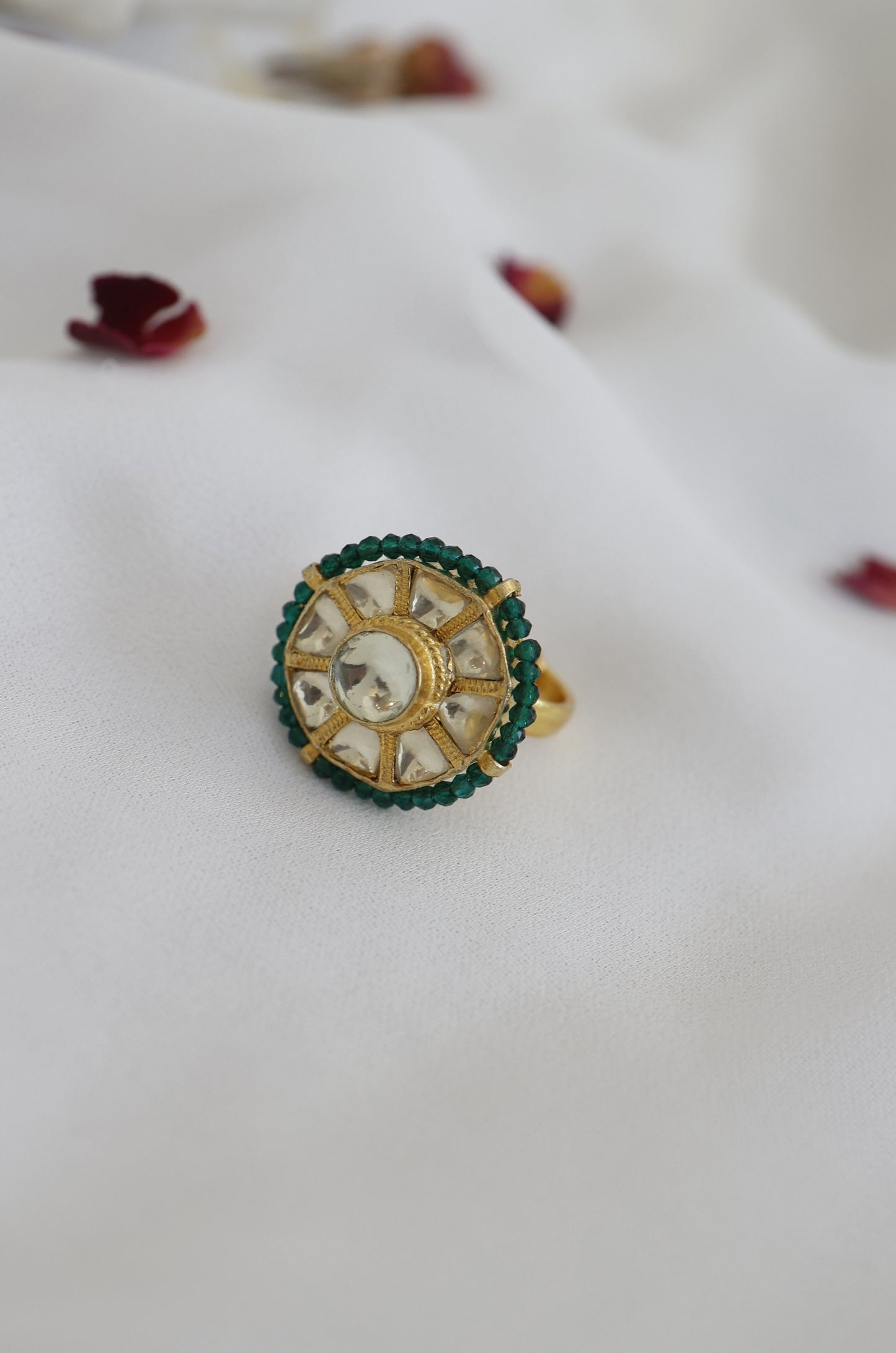 Gold Finish Green Kundan Polki Ring In Sterling Silver