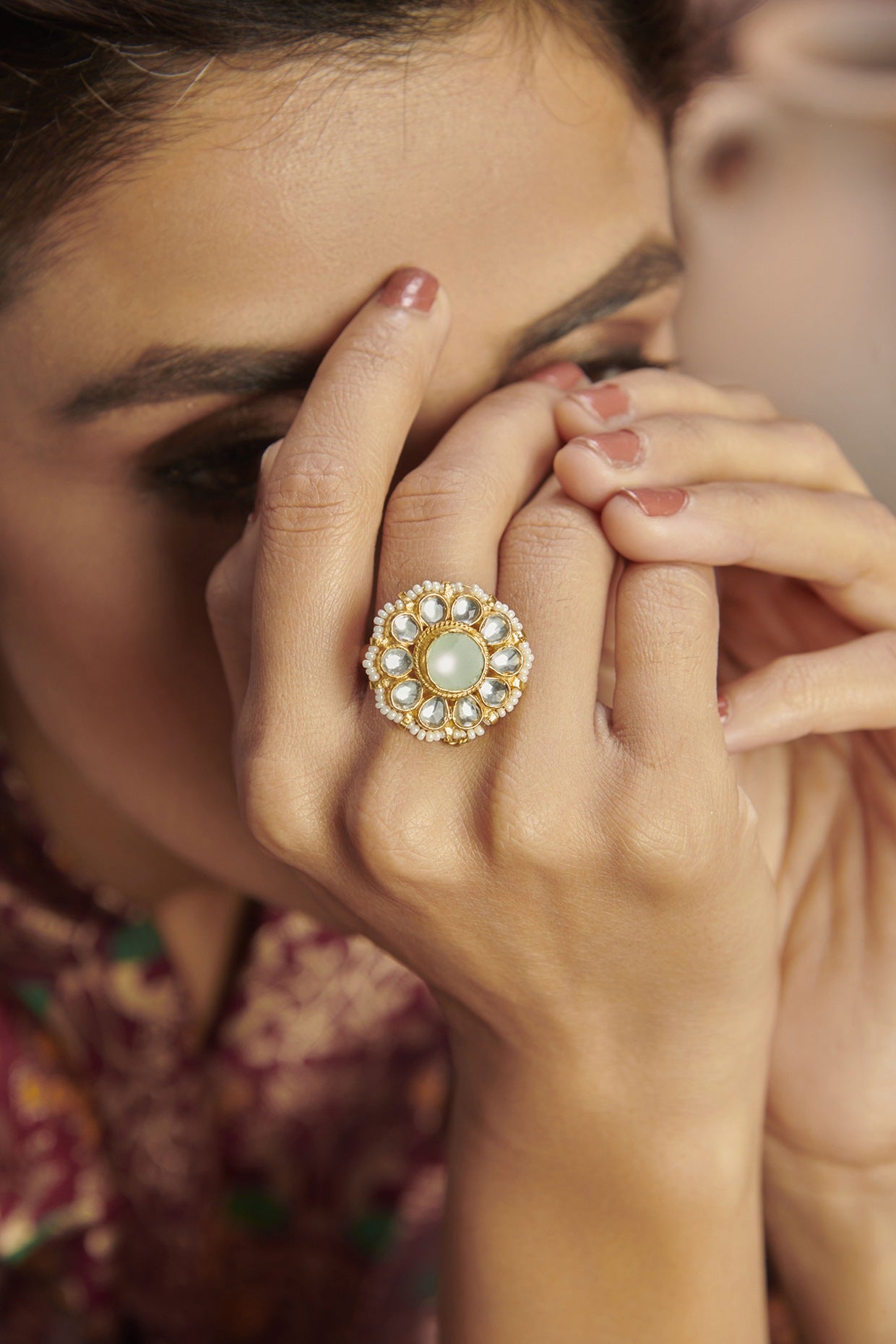 Gold Finish Mint Kundan Polki Ring In Sterling Silver