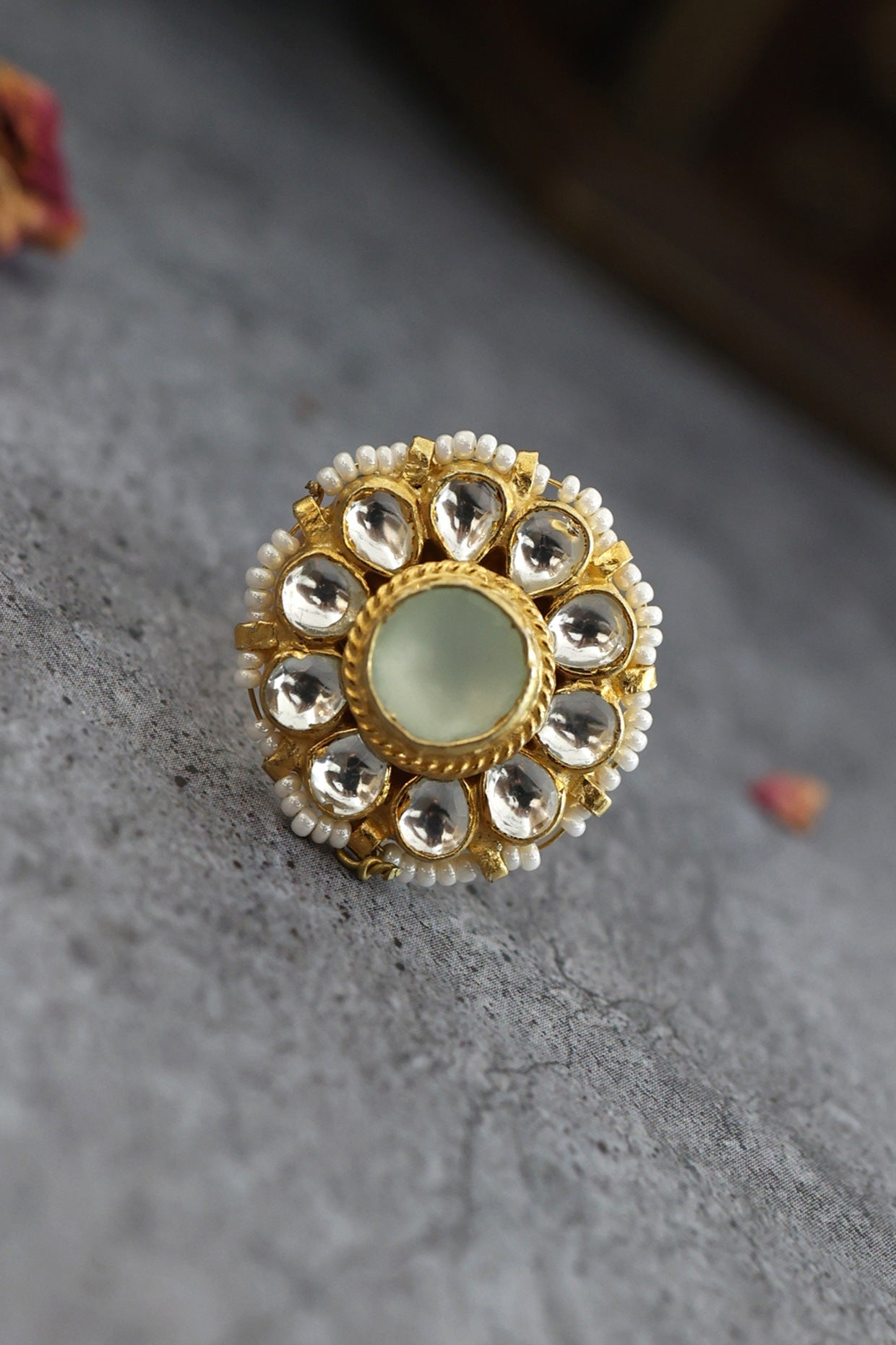 Gold Finish Mint Kundan Polki Ring In Sterling Silver