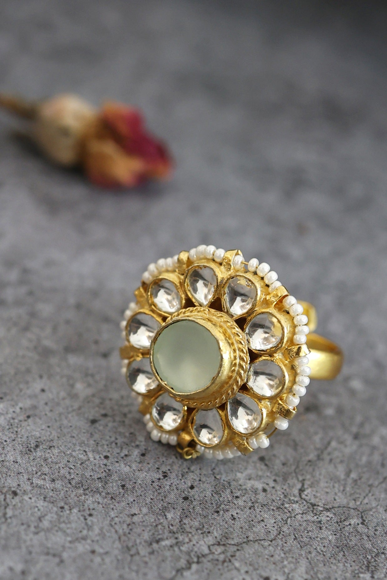 Gold Finish Mint Kundan Polki Ring In Sterling Silver