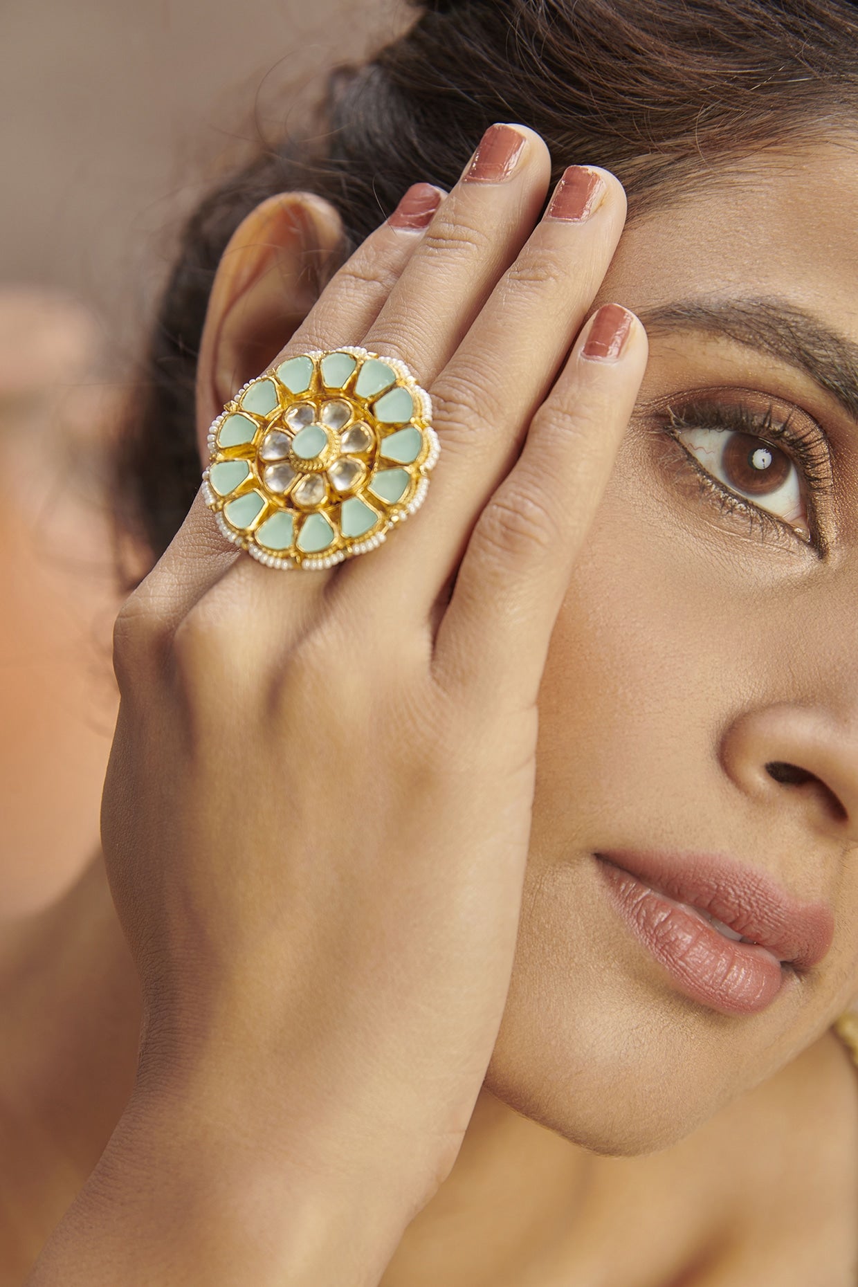 Gold Plated Mint Meenakari Ring In Sterling Silver