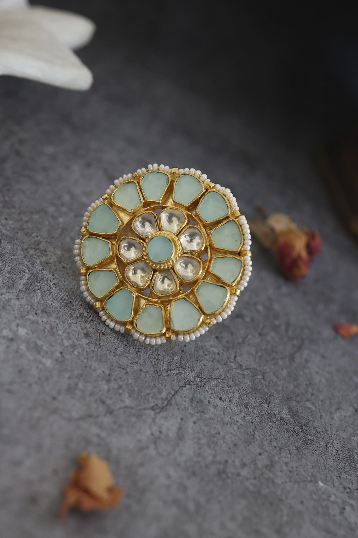 Gold Plated Mint Meenakari Ring In Sterling Silver