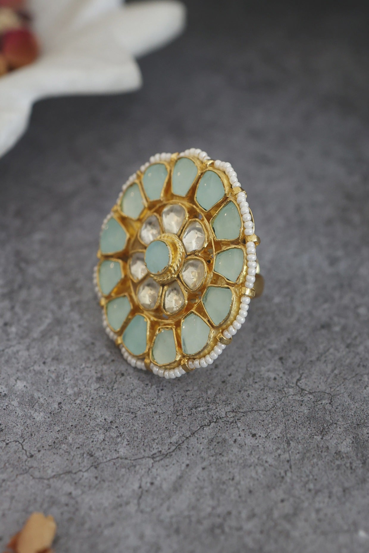 Gold Plated Mint Meenakari Ring In Sterling Silver