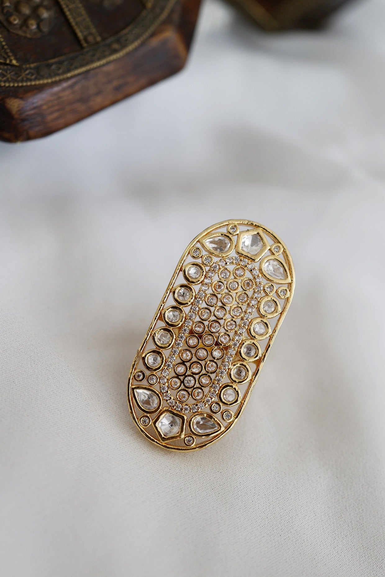 Gold Finish Kundan Polki Adjustable Ring