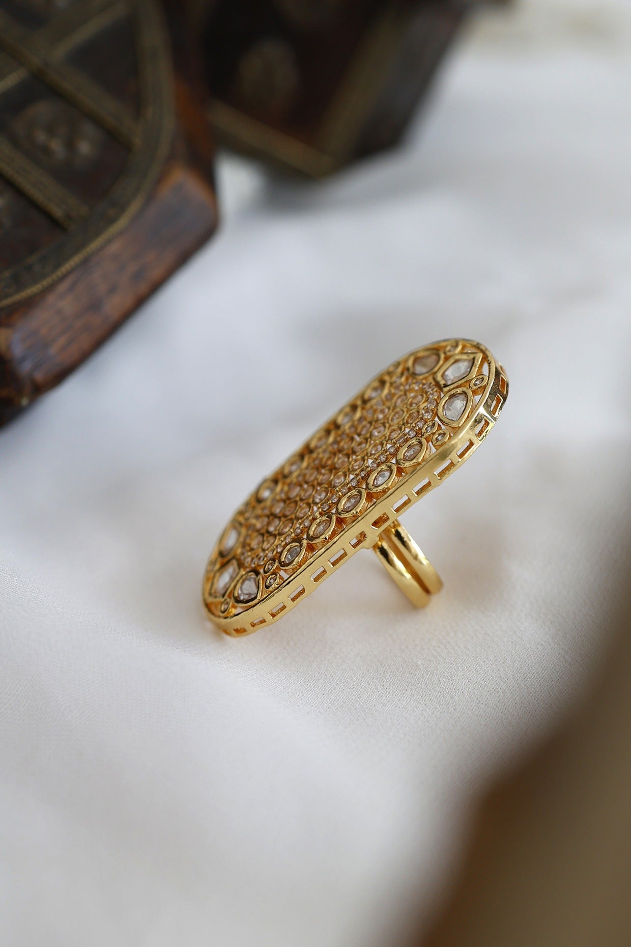 Gold Finish Kundan Polki Adjustable Ring