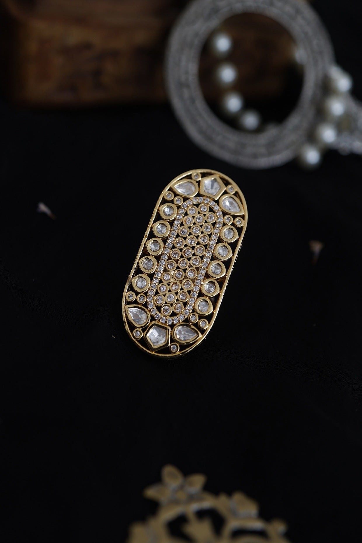 Gold Finish Kundan Polki Adjustable Ring