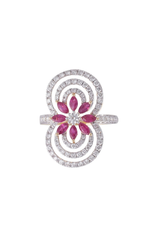 18kt Yellow gold floral ruby and diamond circle ring