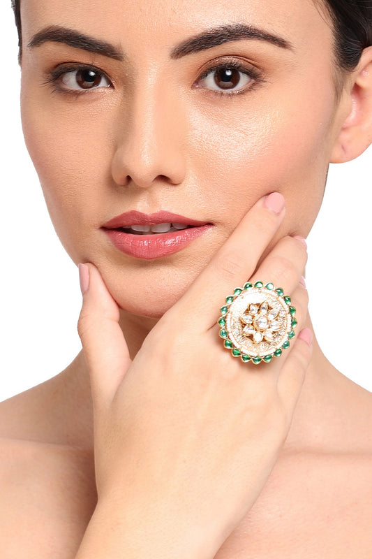 Gold Finish Green Stone Meenakari Ring