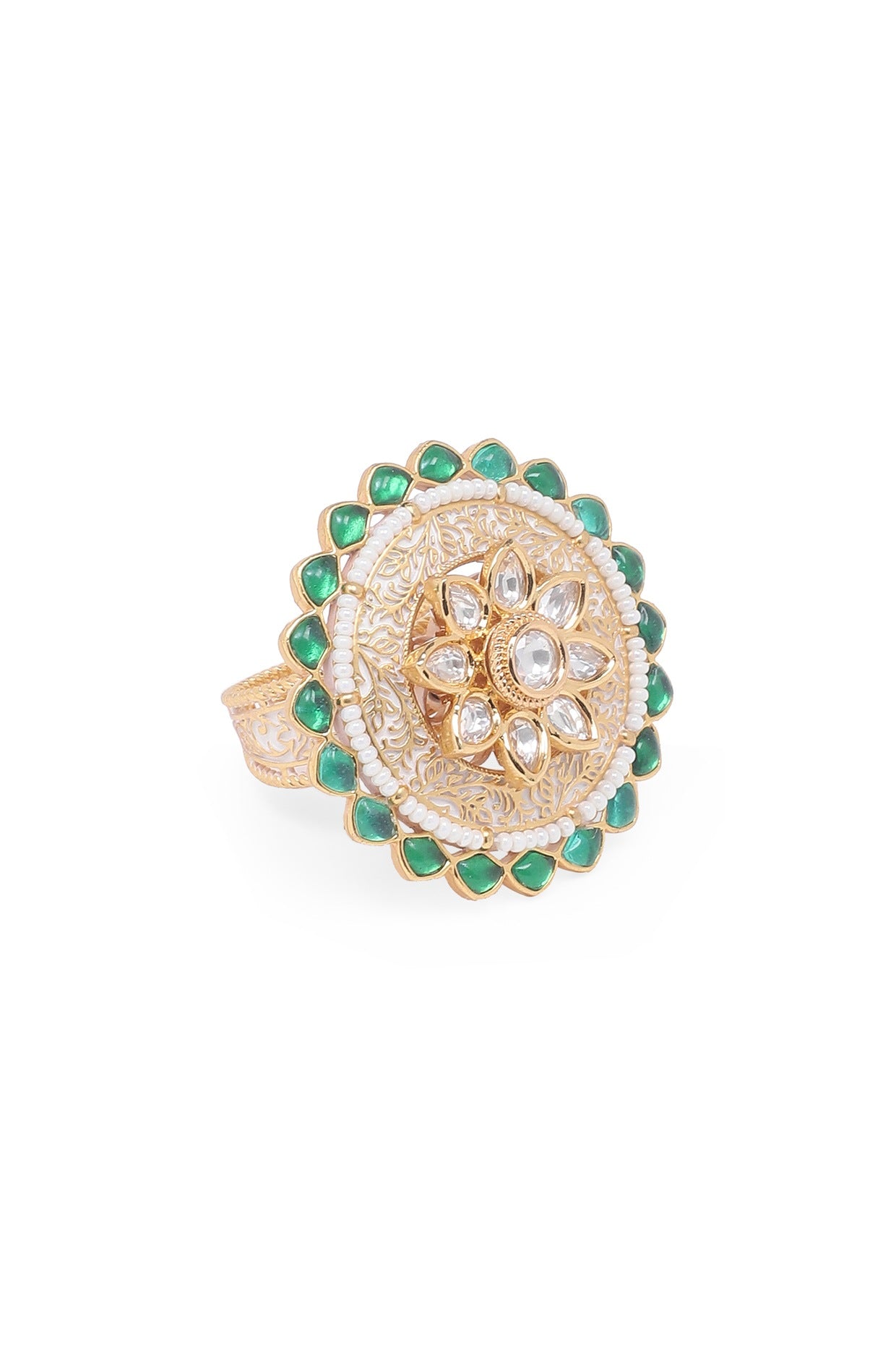 Gold Finish Green Stone Meenakari Ring