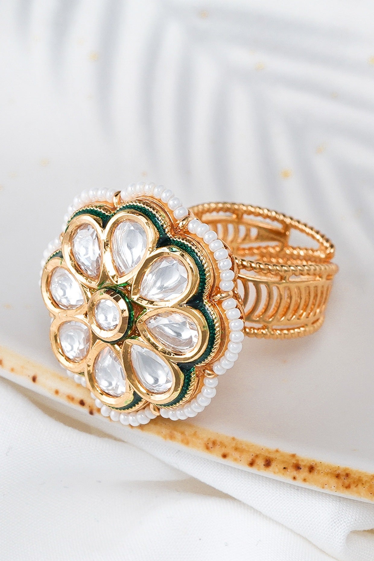 Gold Finish Shell Pearl & Kundan Polki Ring