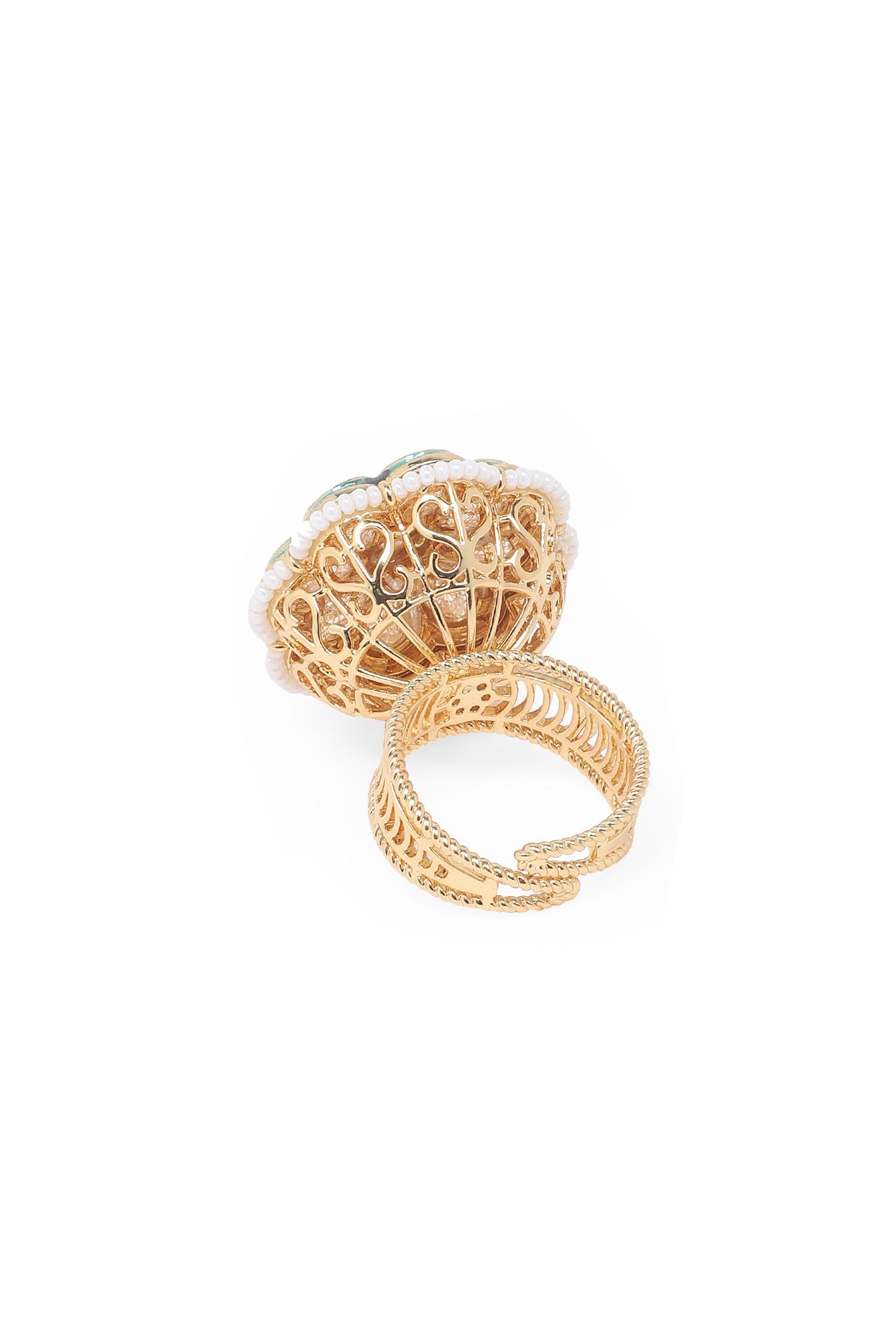 Gold Finish Shell Pearl & Kundan Polki Ring