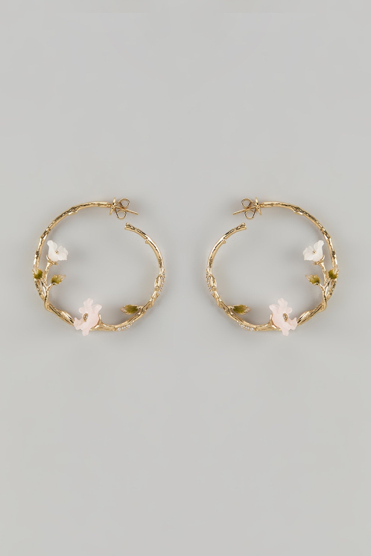 Gold Finish Multi-Faceted Cubic Zirconia & Mother Of Pearl Enameled Hoop Earrings In Sterling Silver