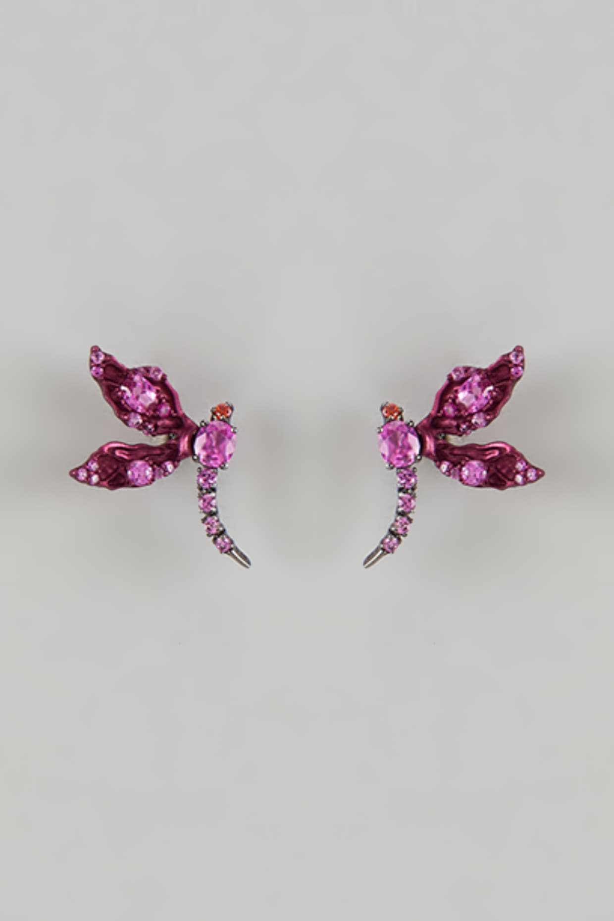 Black Rhodium Finish Pink Cubic Zirconia Dragonfly Stud Earrings In Sterling Silver