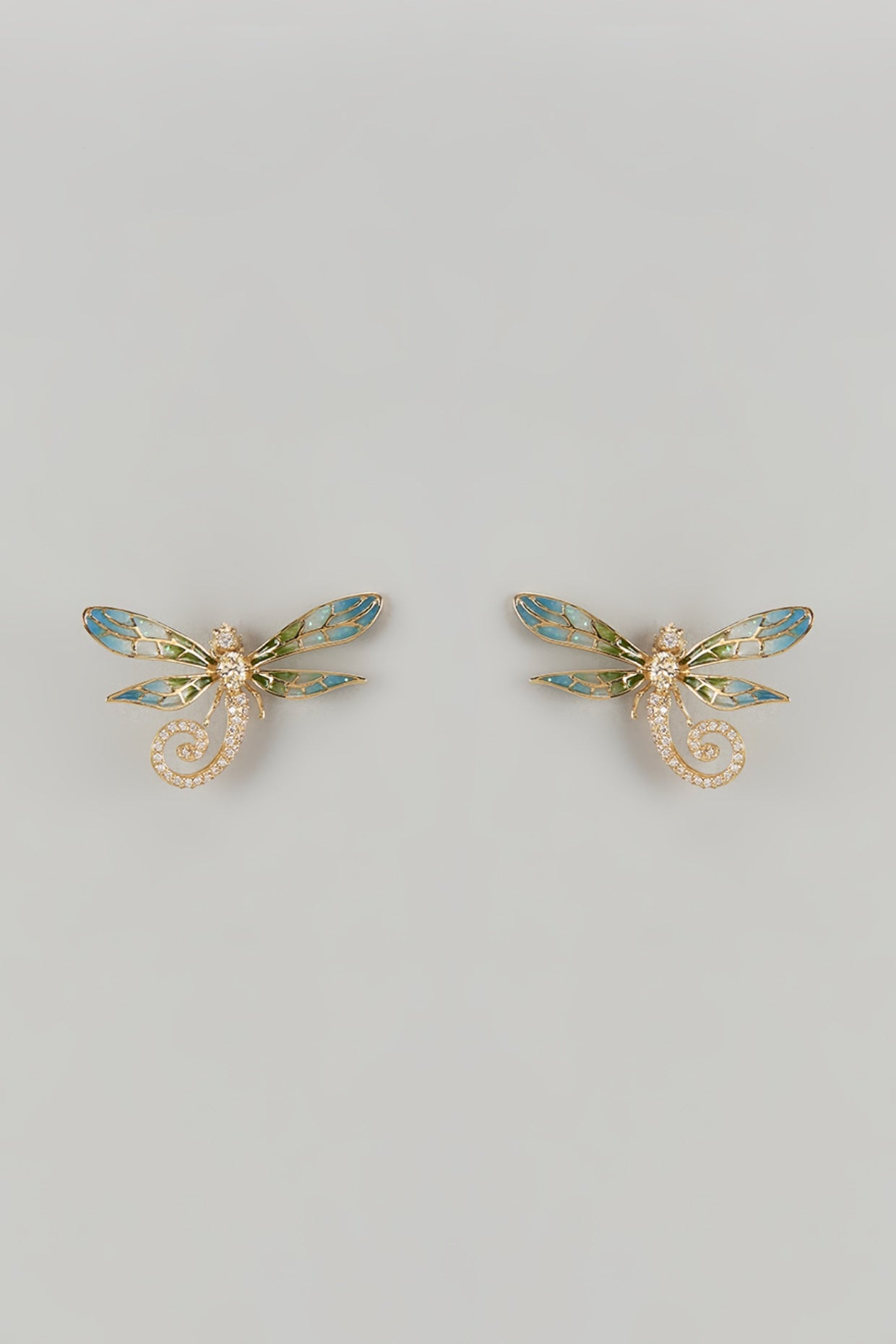 Gold Finish Green Cubic Zirconia Dragonfly Stud Earrings In Sterling Silver