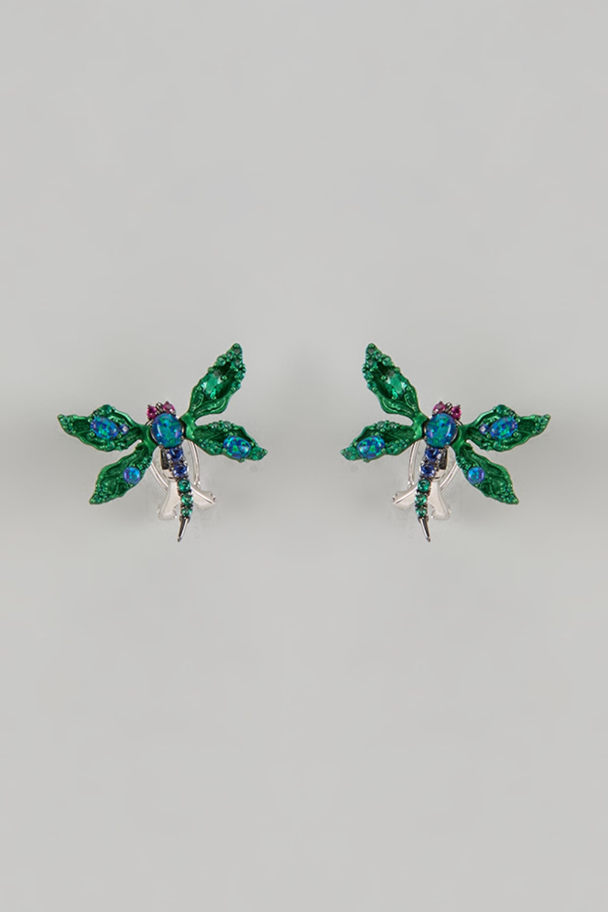 White Finish Green Cubic Zirconia Dragonfly Stud Earrings In Sterling Silver