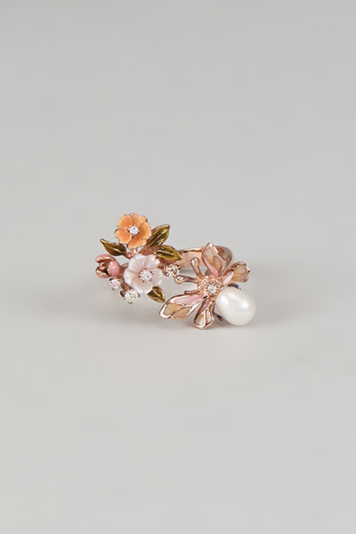 Rose Gold Finish Cubic Zirconia & Freshwater Pearl Enameled Floral Ring In Sterling Silver