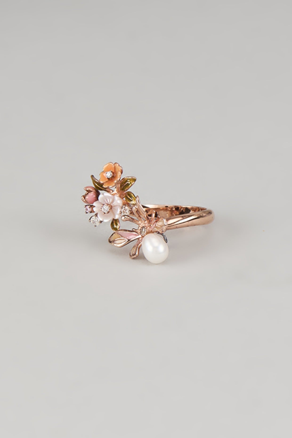 Rose Gold Finish Cubic Zirconia & Freshwater Pearl Enameled Floral Ring In Sterling Silver