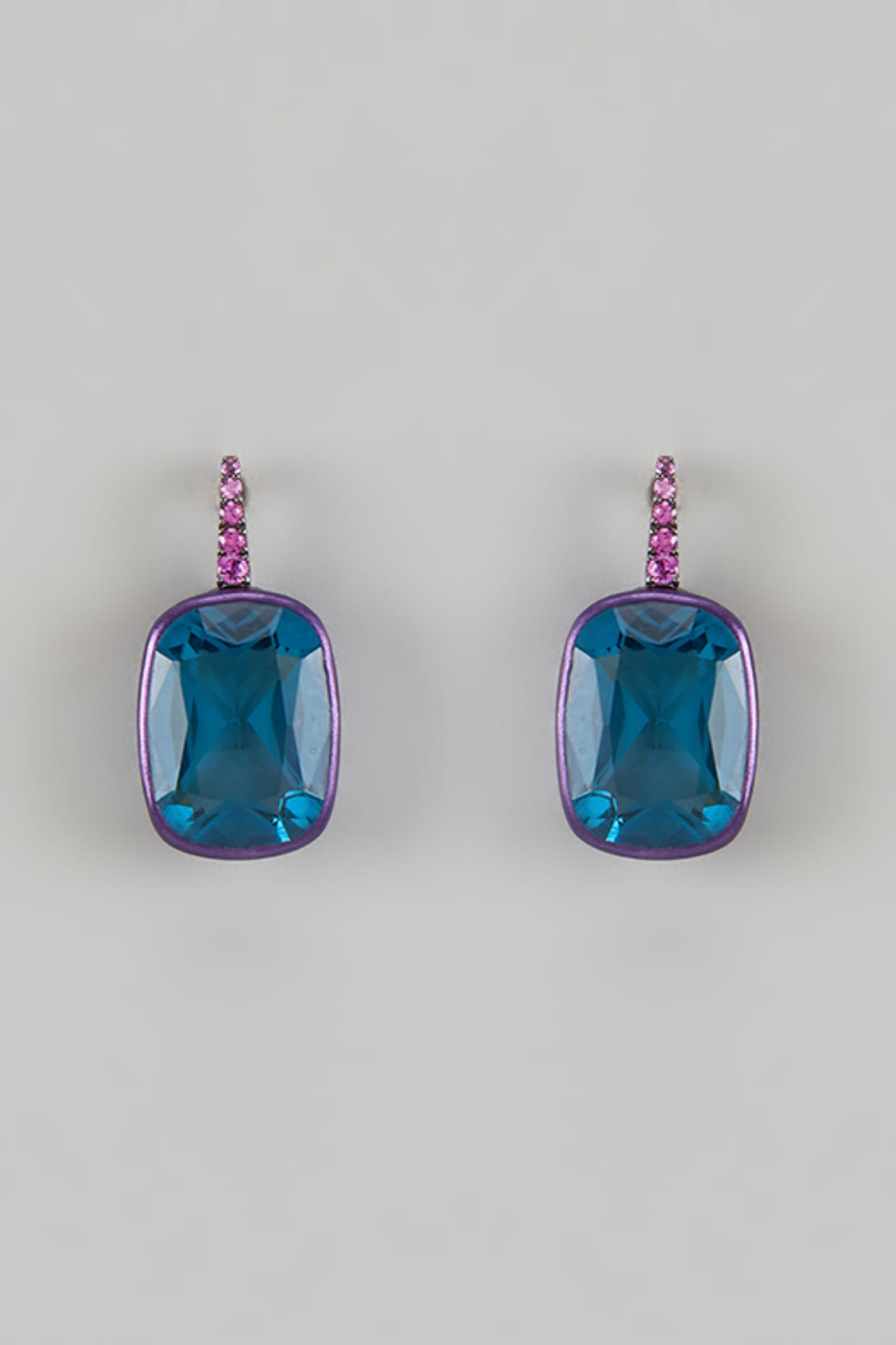 Black Rhodium Finish Cubic Zirconia & Blue Stone Dangler Earrings In Sterling Silver