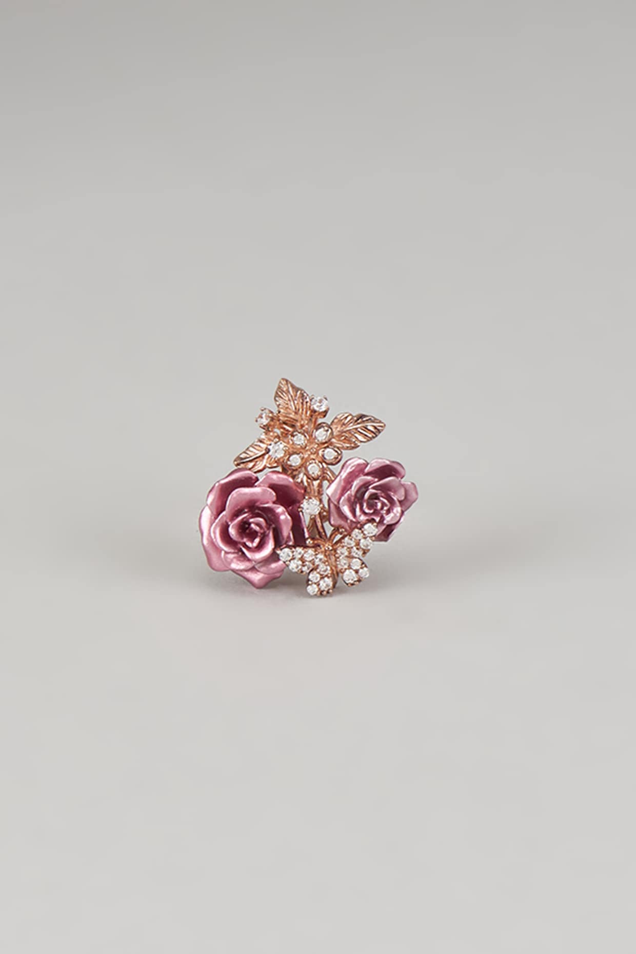 Rose Gold Finish Pink Cubic Zirconia Enameled Floral Ring In Sterling Silver