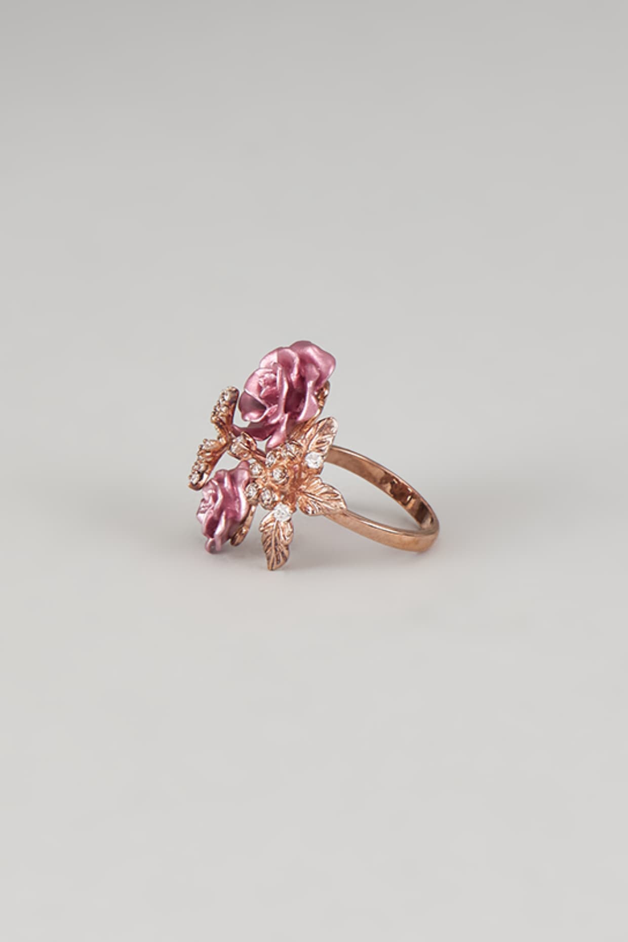 Rose Gold Finish Pink Cubic Zirconia Enameled Floral Ring In Sterling Silver