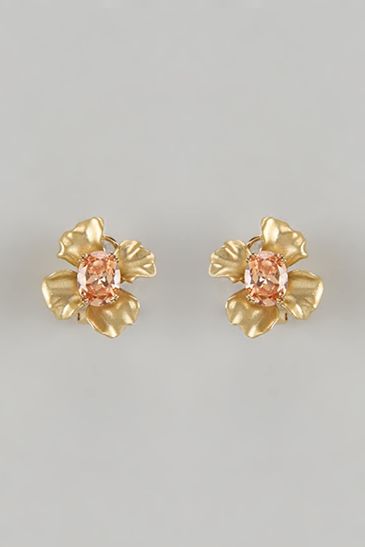 Gold Finish Cubic Zirconia Floral Stud Earrings In Sterling Silver