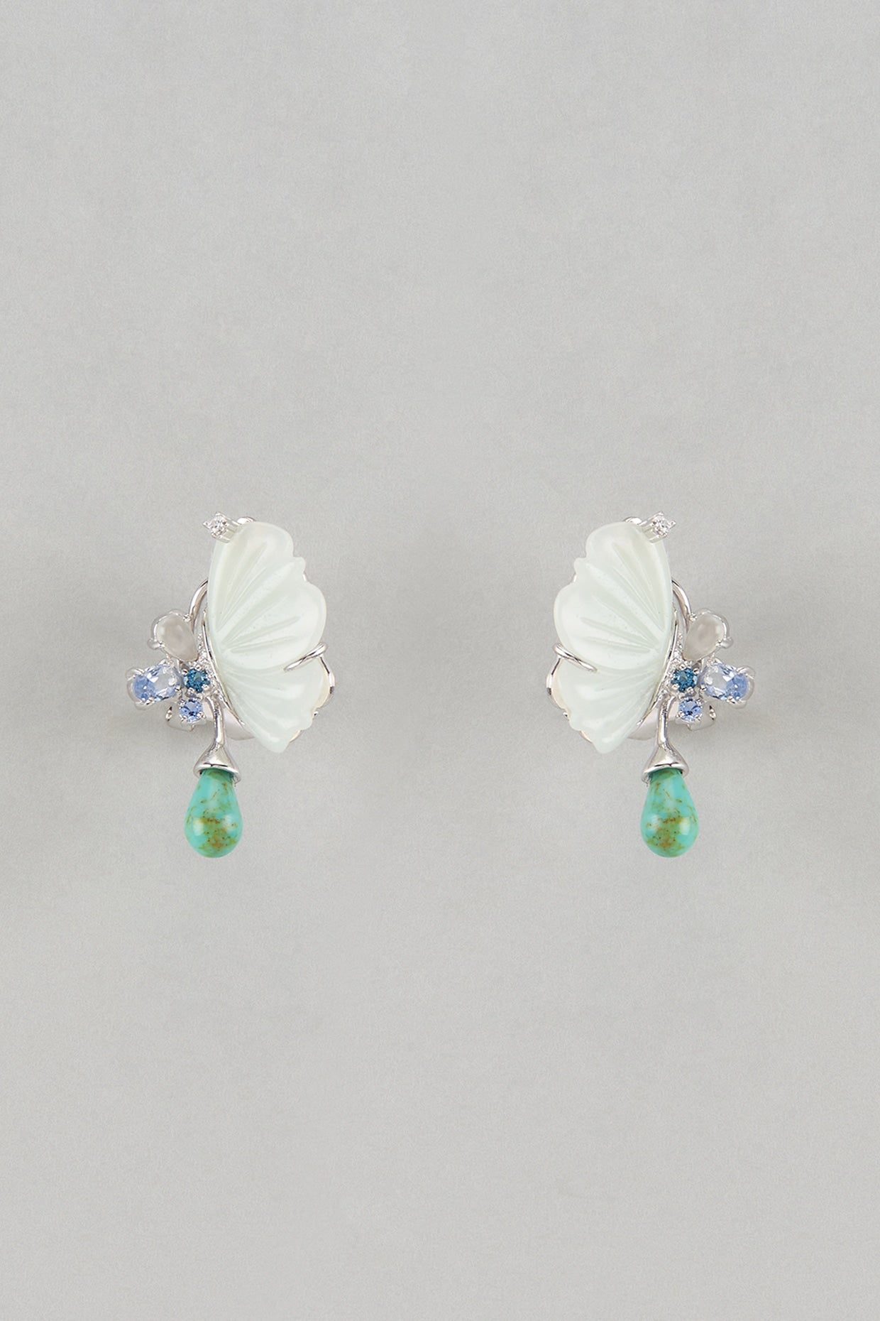 White Finish Cubic Zirconia & Aqua Amazonite Stone Stud Earrings In Sterling Silver