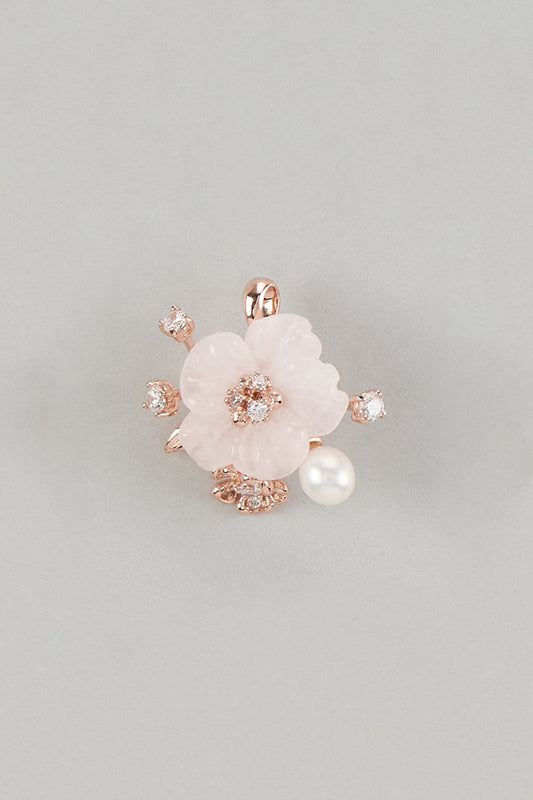 Rose Gold Finish Cubic Zirconia & Rose Quartz Floral Pendant In Sterling Silver