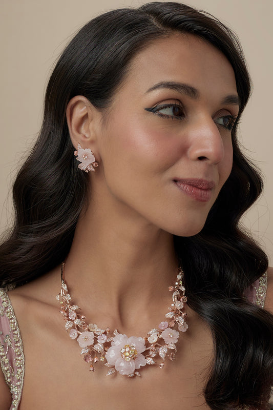 Rose Gold Finish Rose Quartz Stone & Cubic Zirconia Floral Necklace Set In Sterling Silver