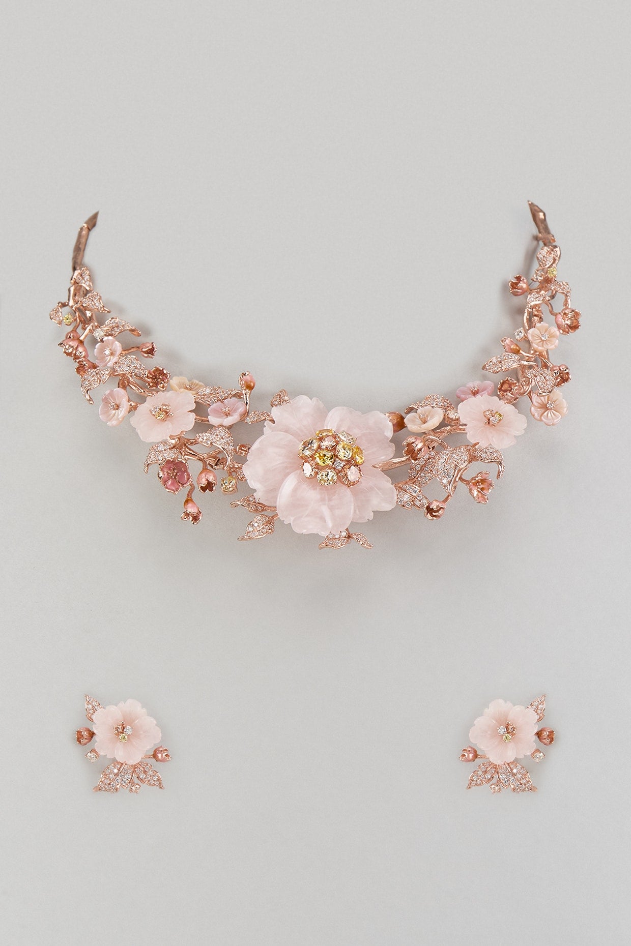 Rose Gold Finish Rose Quartz Stone & Cubic Zirconia Floral Necklace Set In Sterling Silver