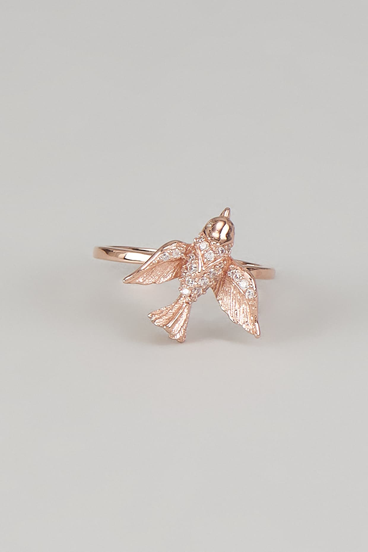 Rose Gold Finish Cubic Zirconia Enameled Bird Ring In Sterling Silver