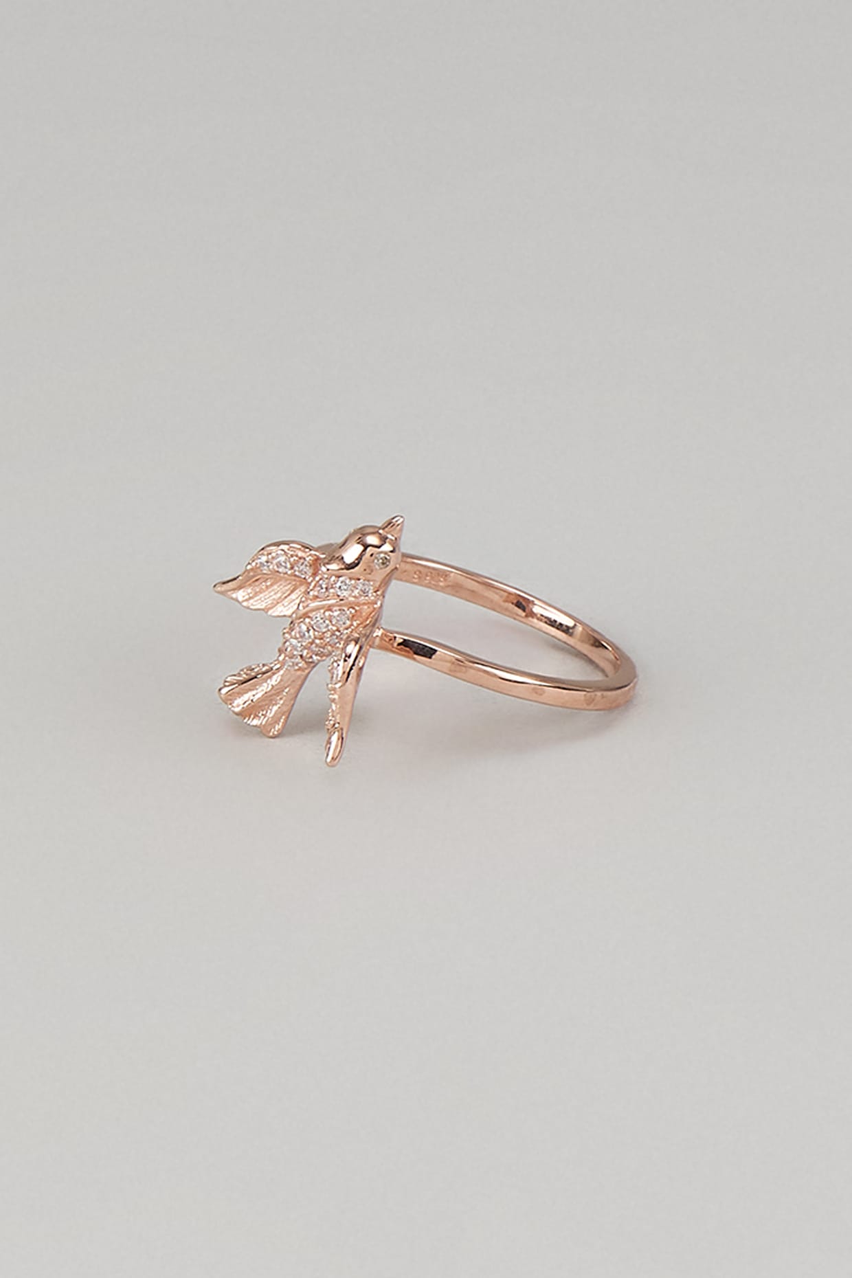 Rose Gold Finish Cubic Zirconia Enameled Bird Ring In Sterling Silver