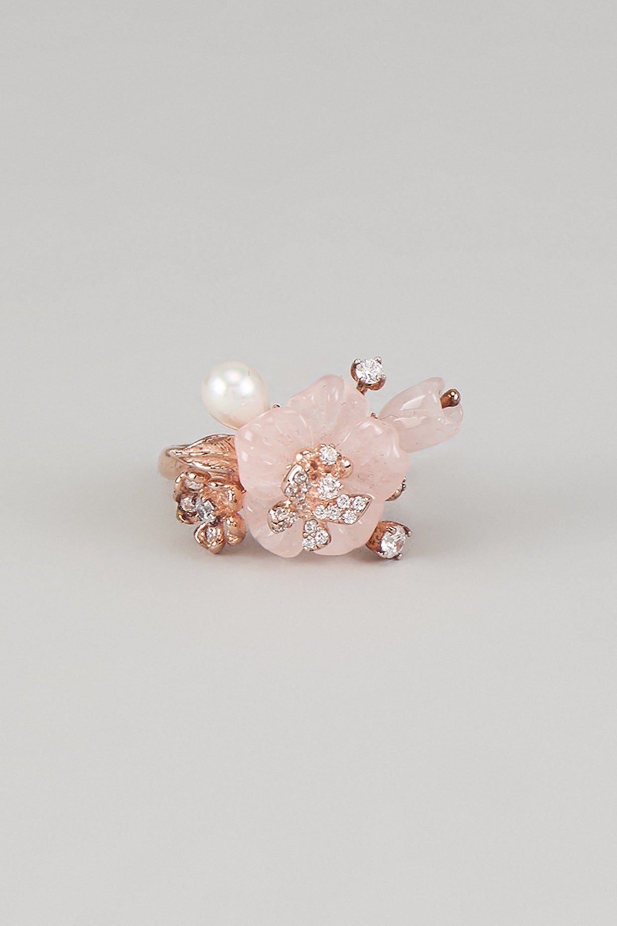 Rose Gold Finish Cubic Zirconia & Rose Quartz Floral Ring In Sterling Silver