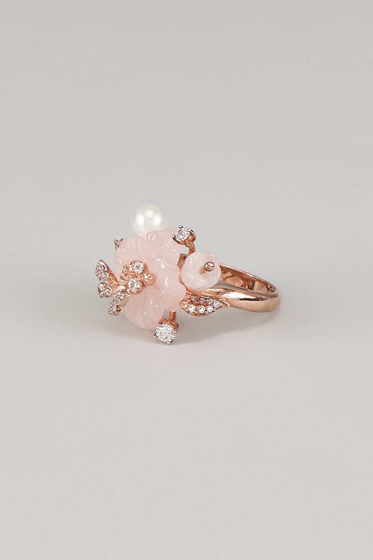 Rose Gold Finish Cubic Zirconia & Rose Quartz Floral Ring In Sterling Silver