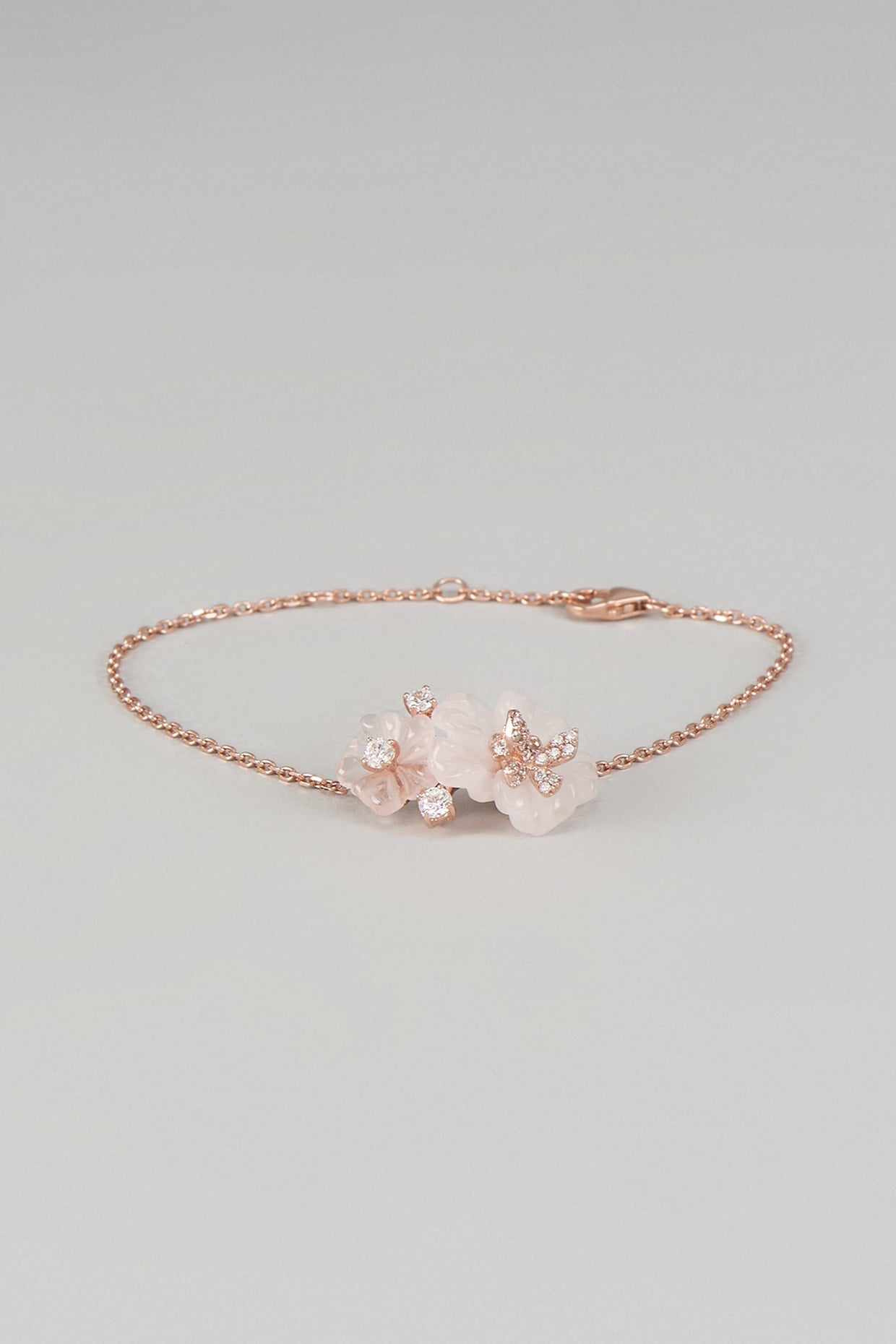 Rose Gold Finish Cubic Zirconia & Rose Quartz Floral Bracelet In Sterling Silver