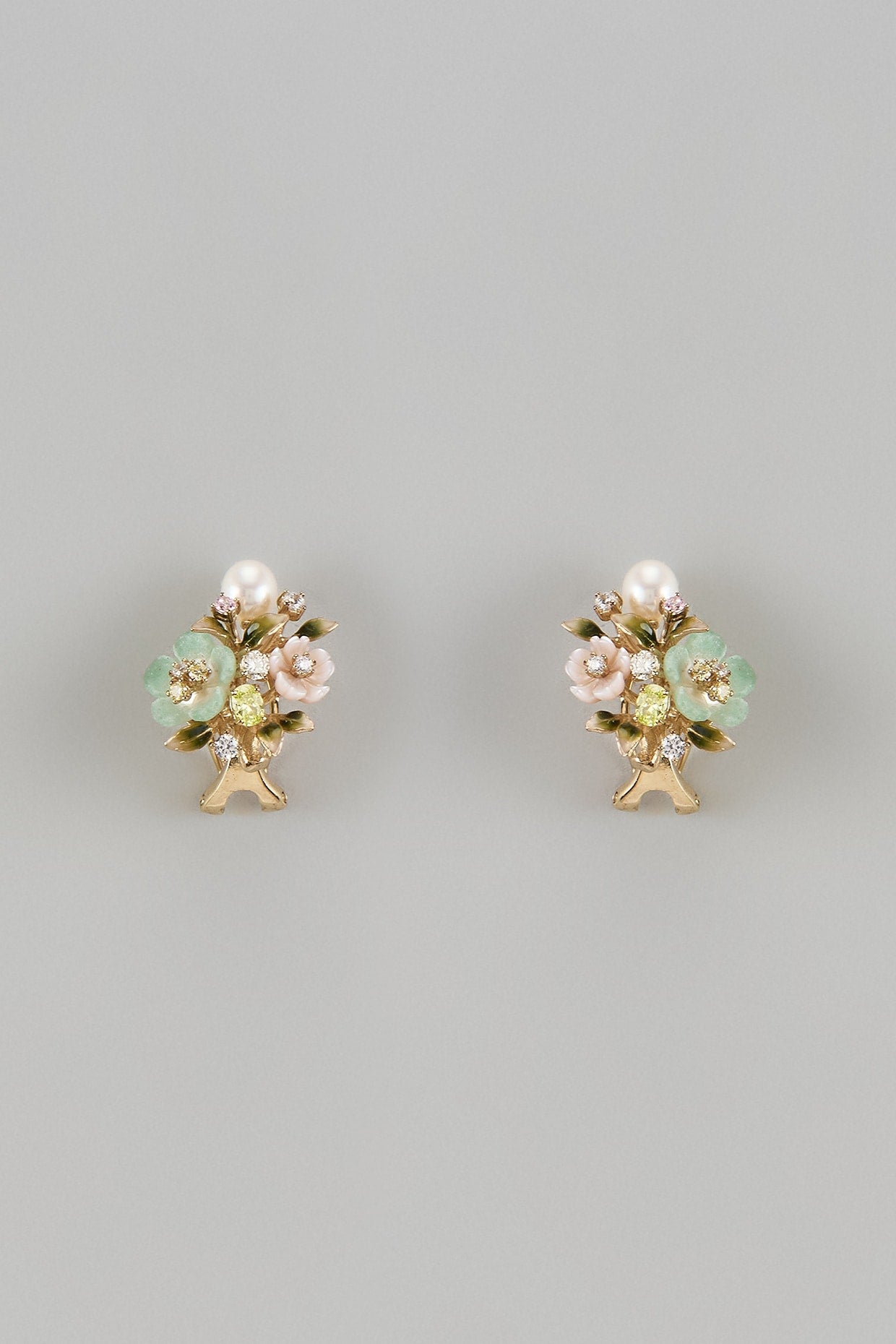 Gold Finish Cubic Zirconia & Natural Aventurine Stone Enameled Stud Earrings In Sterling Silver