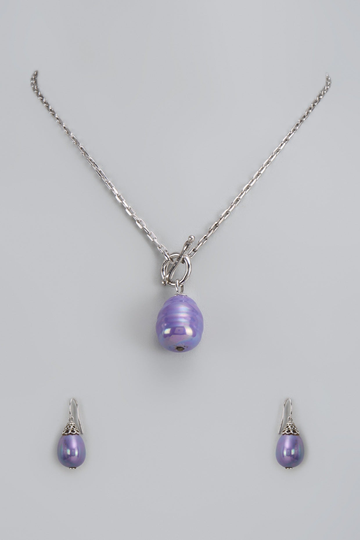 White Gold Finish Purple Majorica Pearl Pendant Necklace Set In Sterling Silver