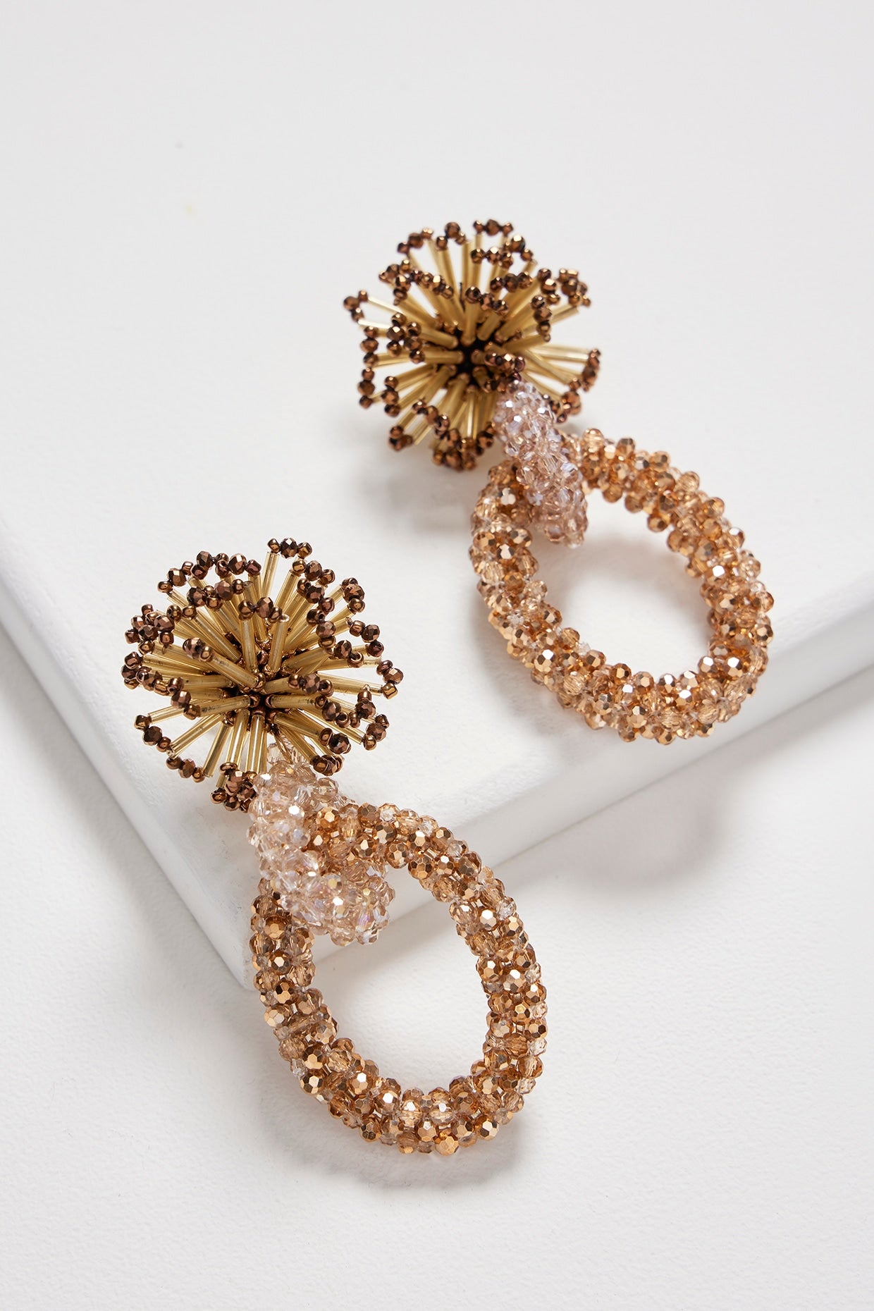 Gold Finish Champagne Flower Burst & Crystal Hoop Earrings