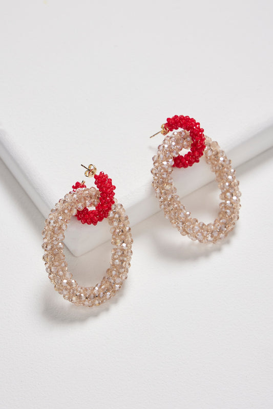 White Finish Cream & Gold Crystal Chunky Hoop Earrings