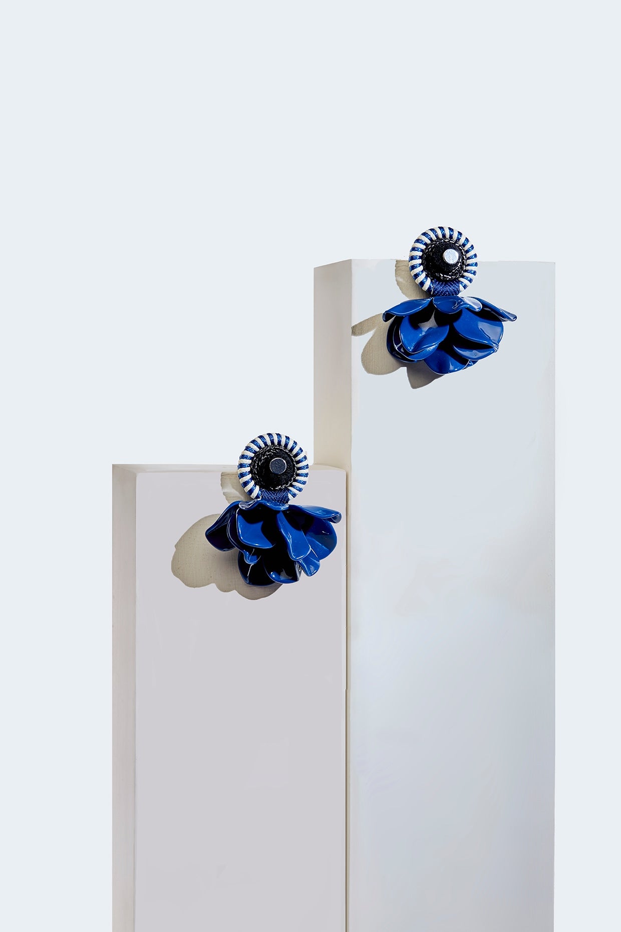 White Finish Dark Blue Floral Dangler Earrings