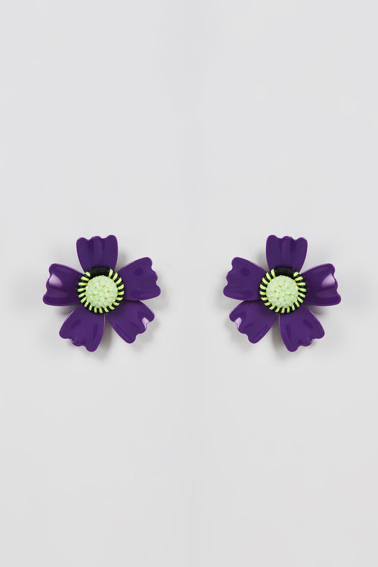 White Finish Violet Floral Stud Earrings