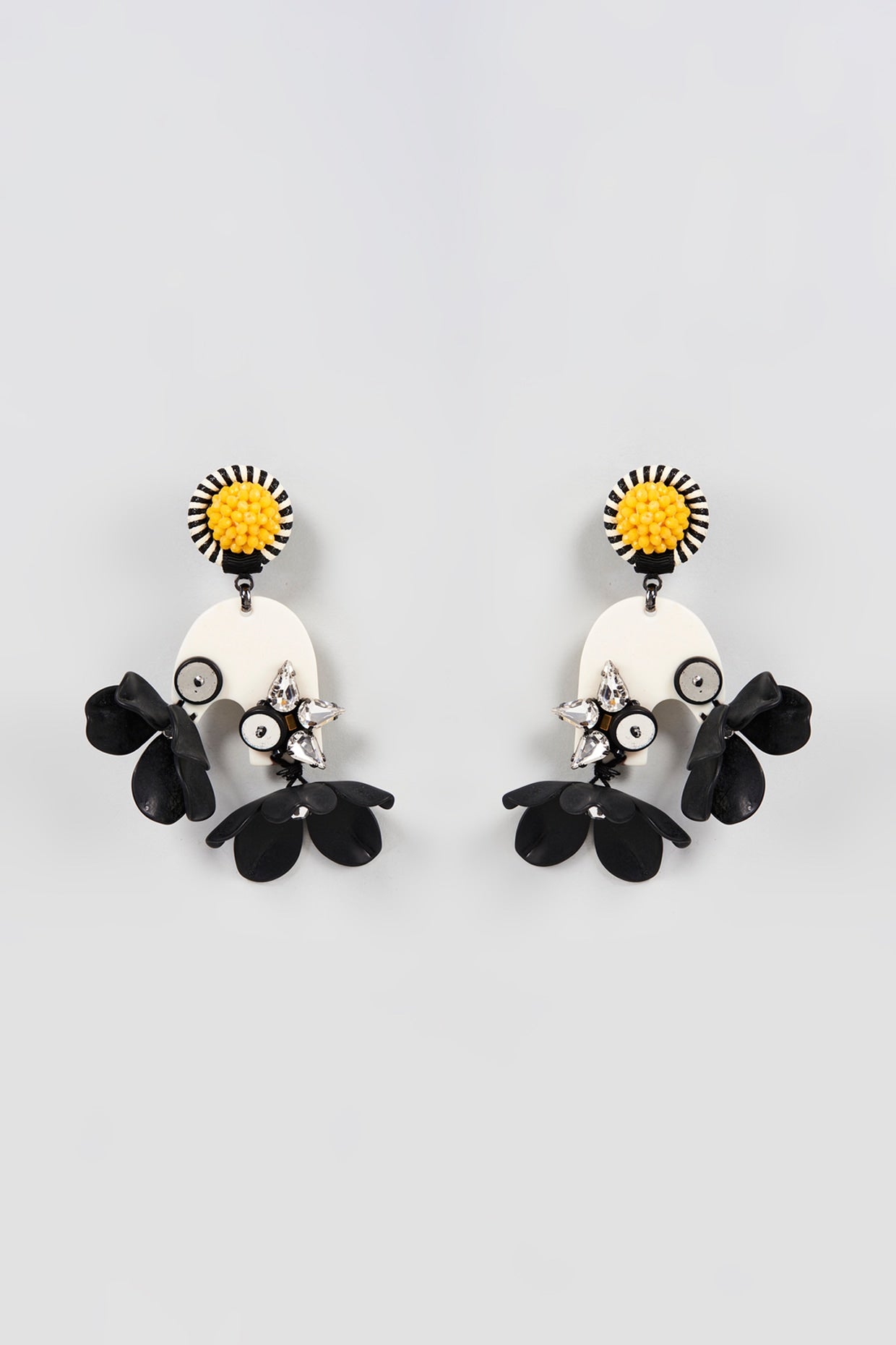 White Finish Black Floral Drop Dangler Earrings